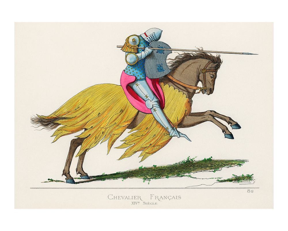 Knight on horse back with full armor ready to joust vintage illustration wall art print and poster design remix from…