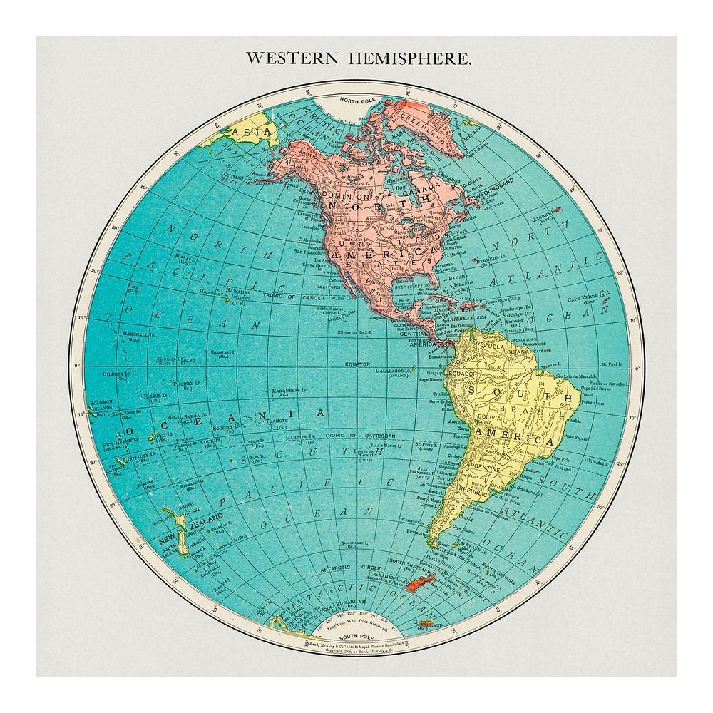 Western hemisphere atlas vintage illustration wall art print and poster design remix from original artwork.