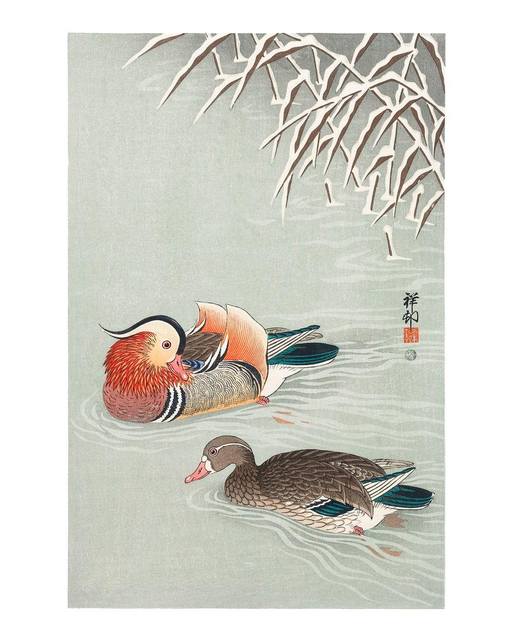 Mandarin ducks vintage illustration by Ohara Koson. Digitally enhanced by rawpixel.