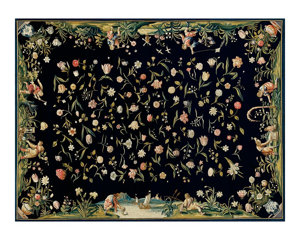 Floral patterned table carpet vintage illustration wall art print and poster design remix from original artwork.
