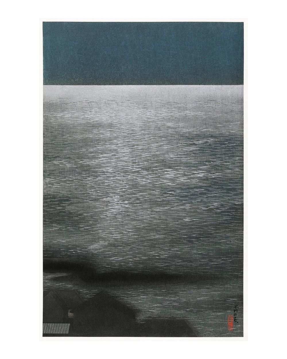 Sea wave at night in Shinagawa vintage illustration wall art print and poster design remix from original artwork.