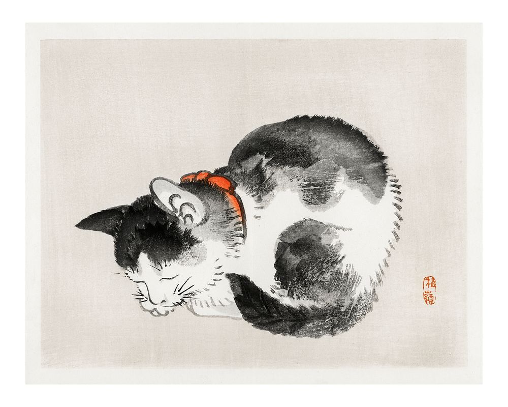 Sleeping cat vintage illustration wall art print and poster design remix from original artwork by Kōno Bairei. 