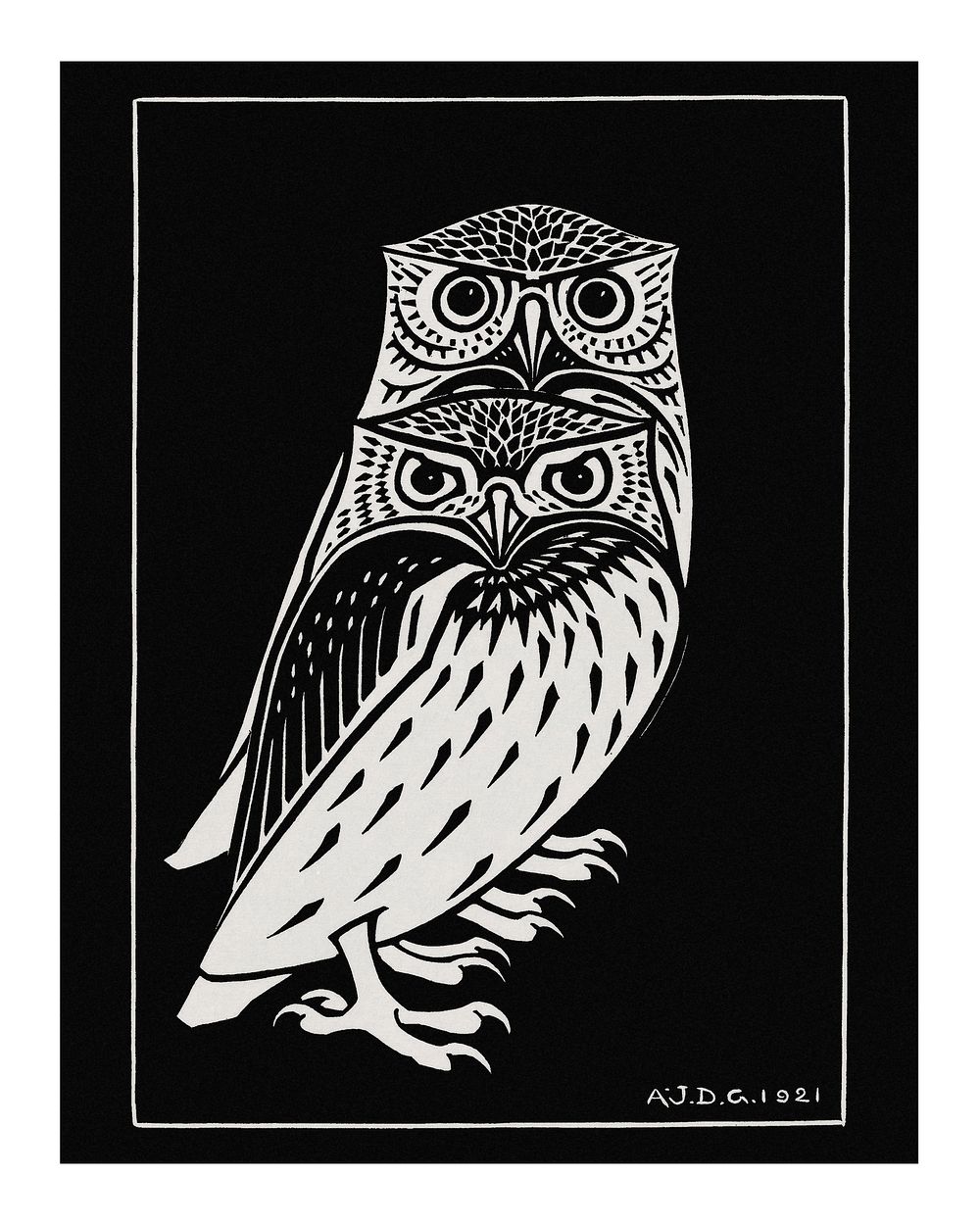 Two owls vintage illustration wall art print and poster design remix from original artwork.