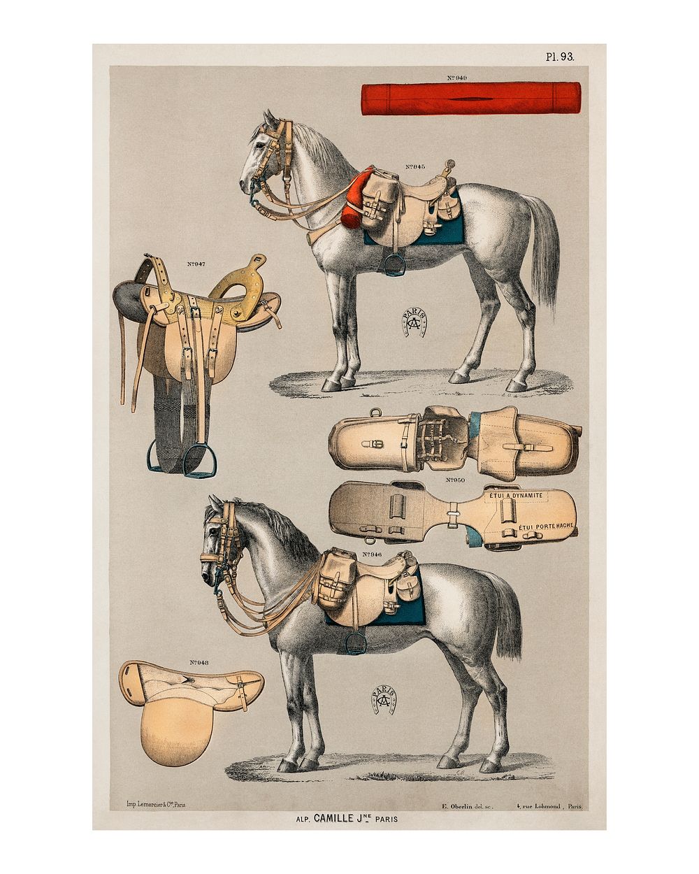 Horses with antique horseback riding equipments illustration wall art print and poster design remix from original artwork.