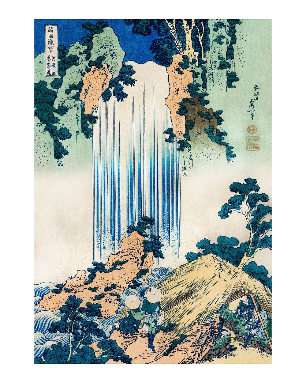 Two travelers at a waterfall vintage illustration wall art print and poster design remix from the original artwork by…