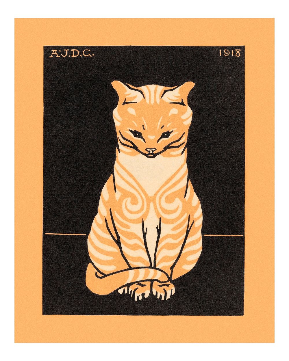 Vintage sitting cat illustration wall art print and poster design remix from the original artwork. 
