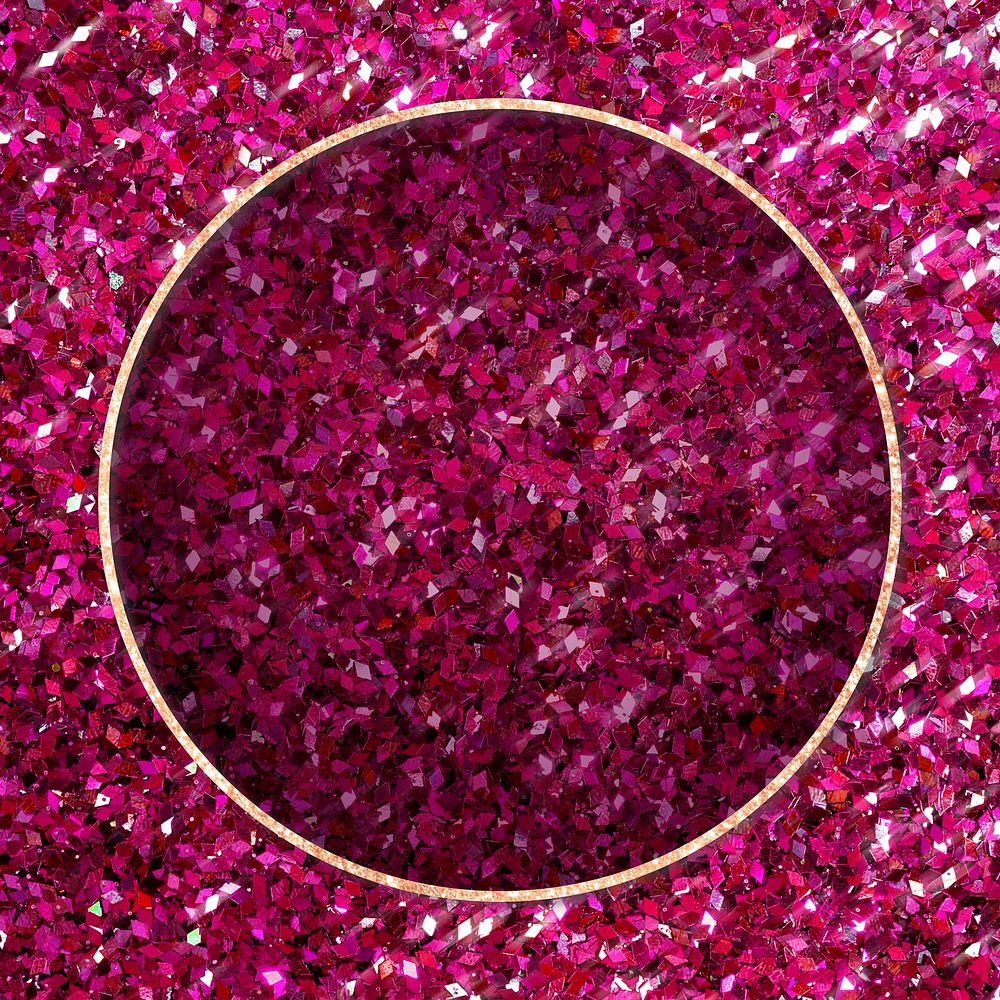 Golden round frame on pink sequin textured background mockup
