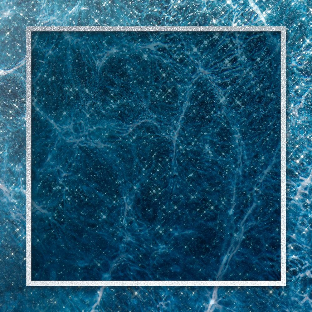 Silver square frame on blue marbled background mockup