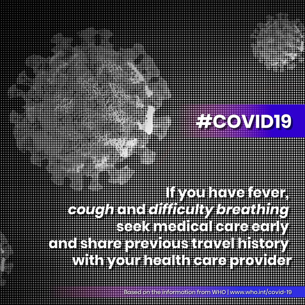 Halftone coronavirus illustration with COVID-19 symptoms based on WHO's advice vector social ad