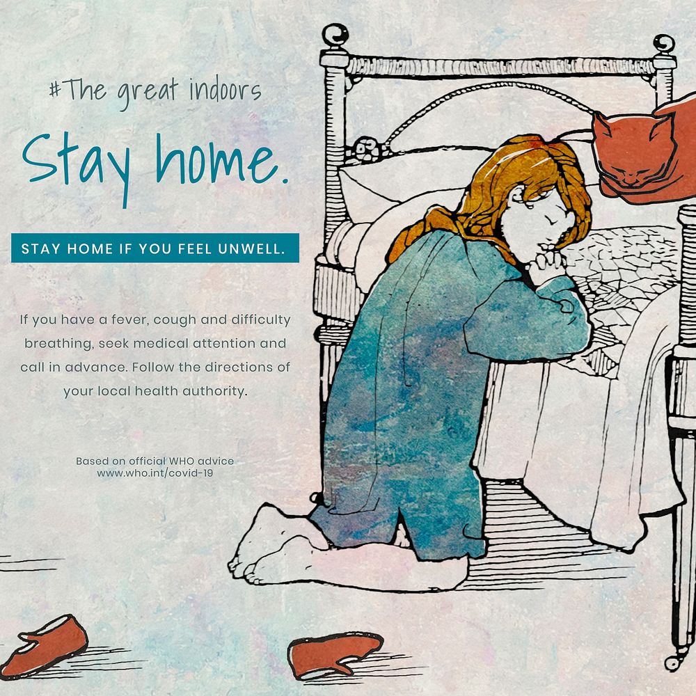 Little girl staying home praying illustration vector social ad and WHO's advice on self isolatation