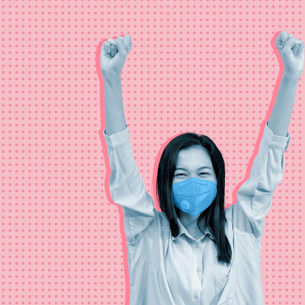 Cheerful Asian woman wearing a mask arms raised in a pink background social ad