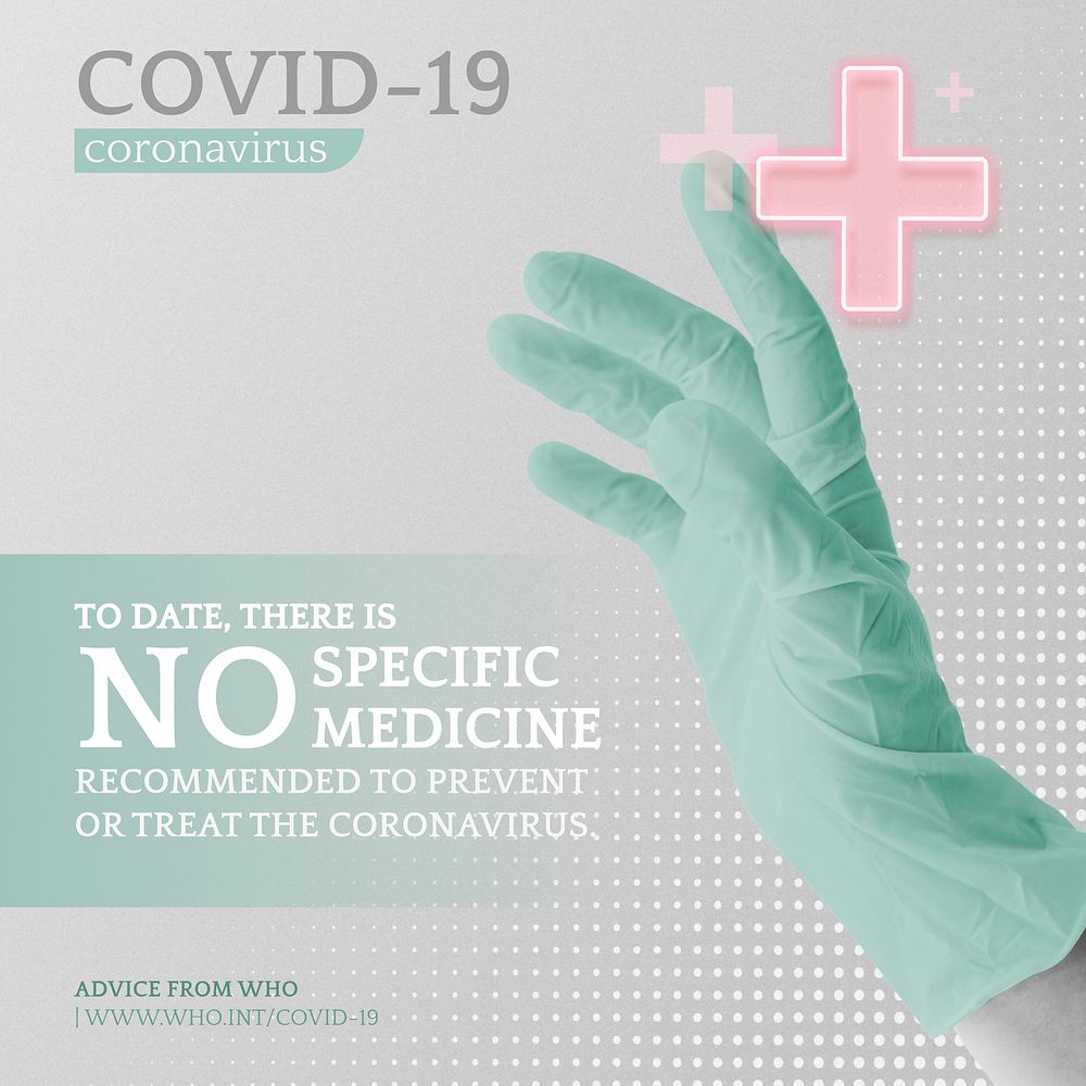 Treatment and cure medicine for COVID-19 pandemic facts by WHO vector social ad