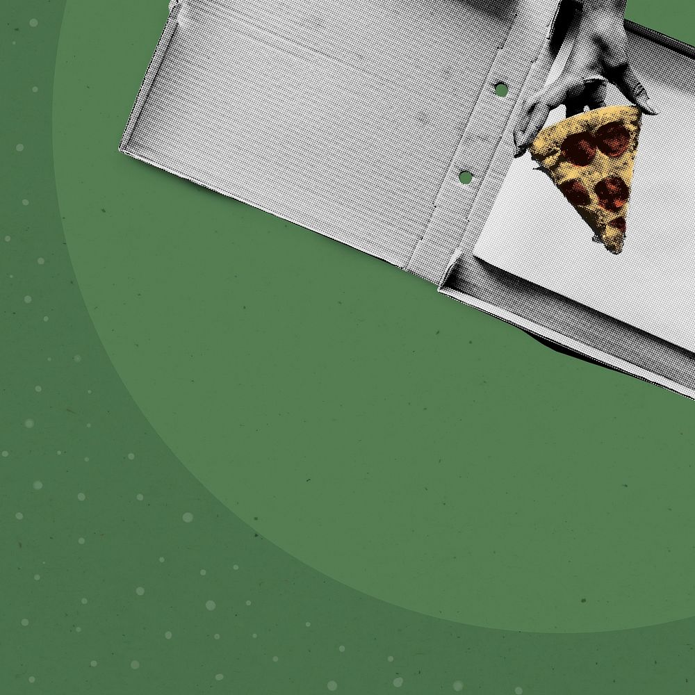 Hand pick up a piece of pizza on green background