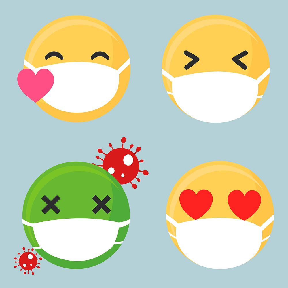 Emoji wearing face masks during coronavirus pandemic set illustration