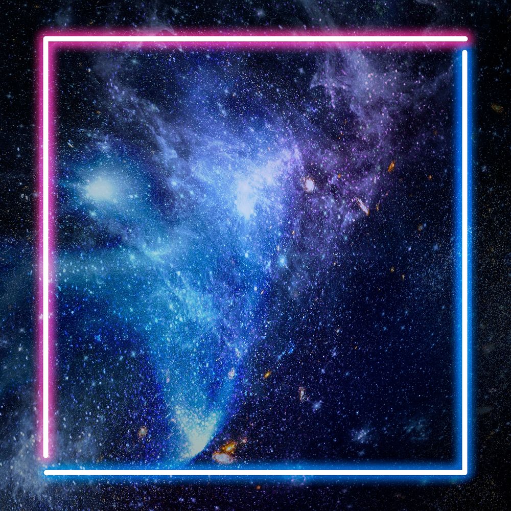 Pink and blue neon frame on a dark galaxy background