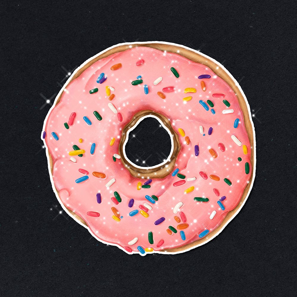 Glazed pink doughnut with sprinkles on black background