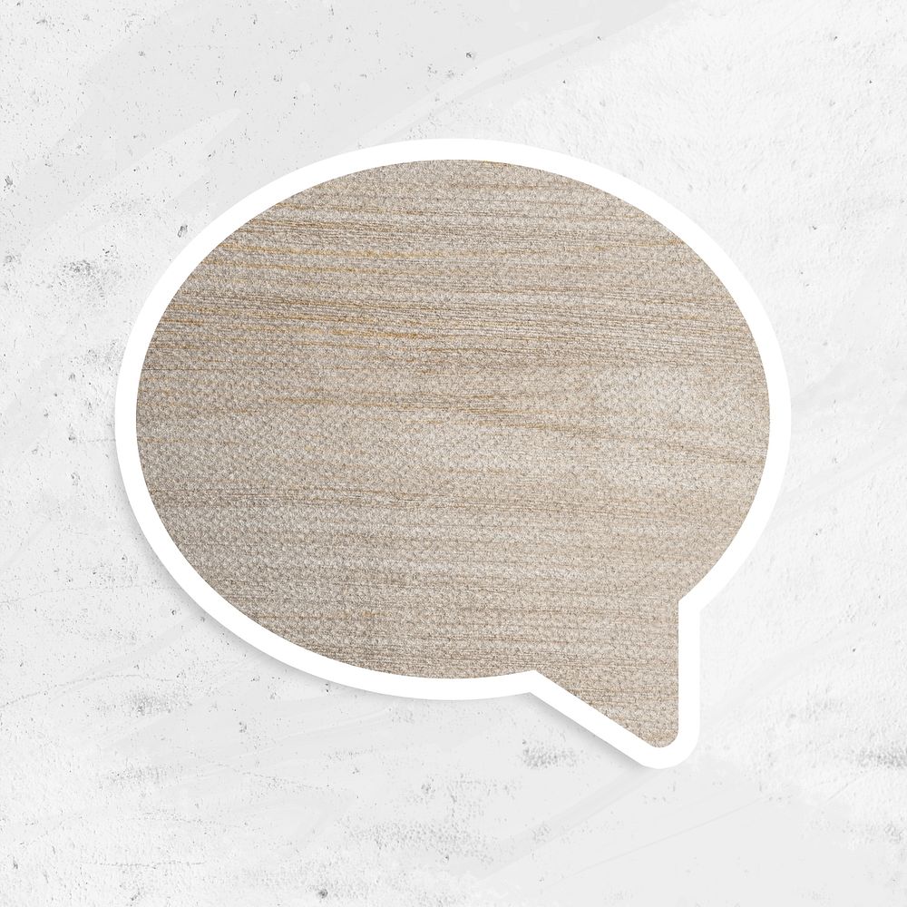 Beige wood textured speech bubble sticker with white border