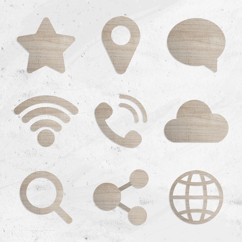 Wood textured technology icon set