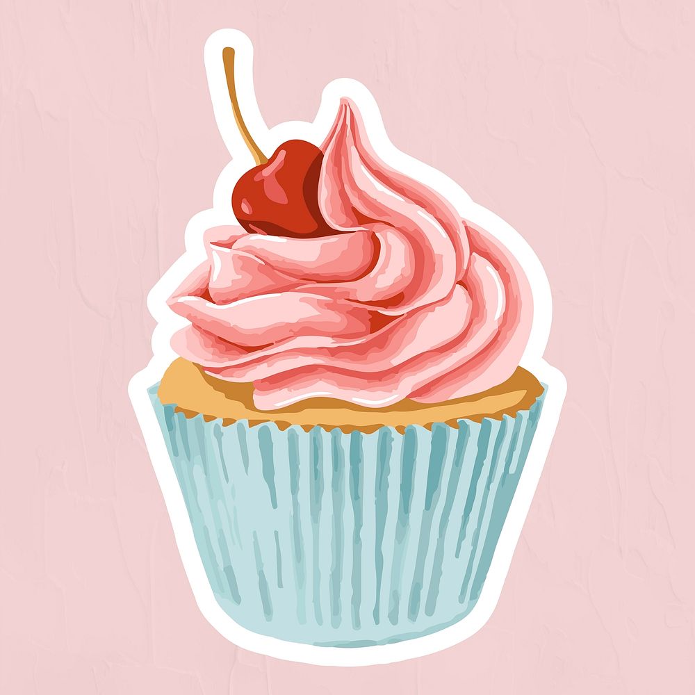 Vectorized cupcake topped with maraschino cherry sticker overlay with a white border 