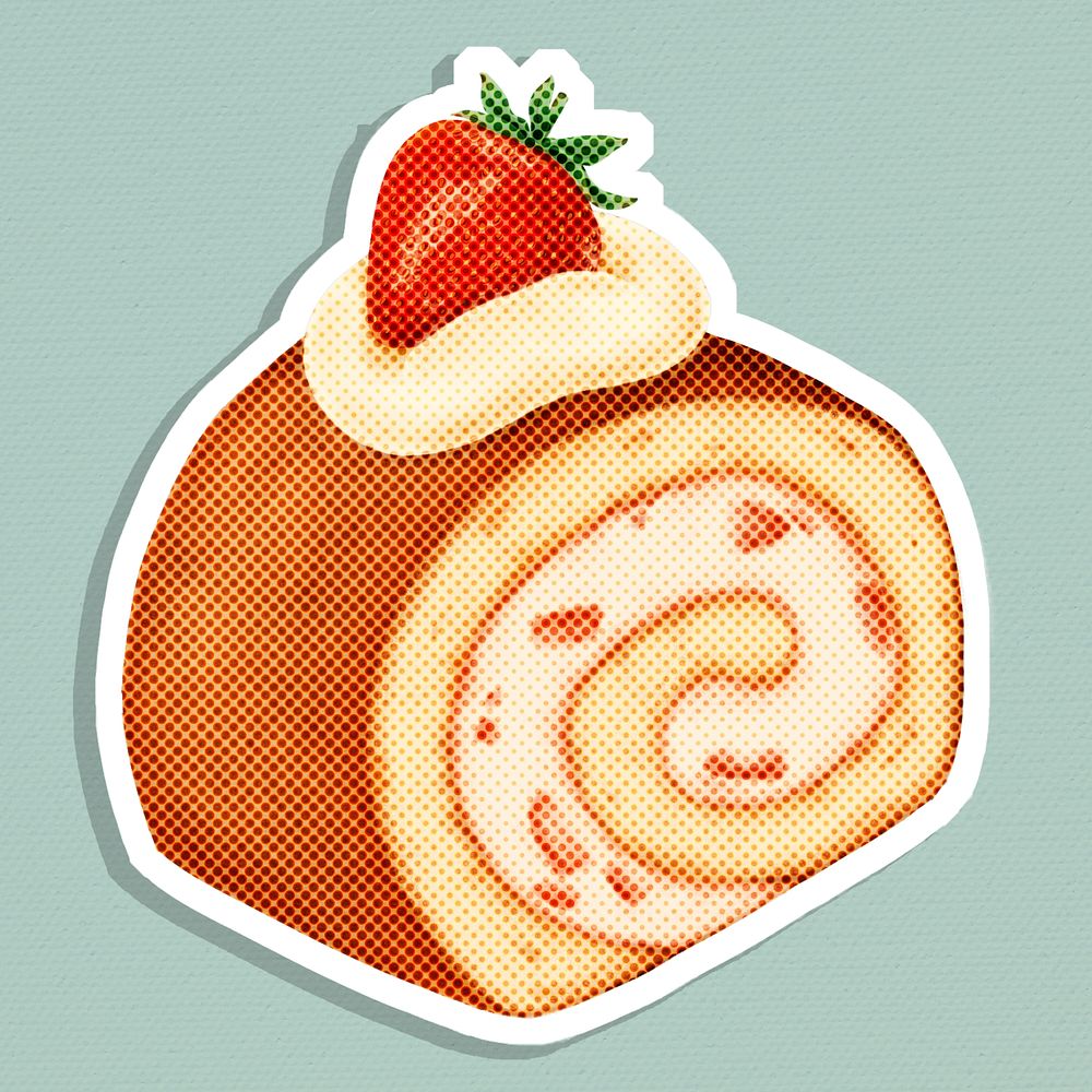 Halftone strawberry shortcake roll sticker with white border