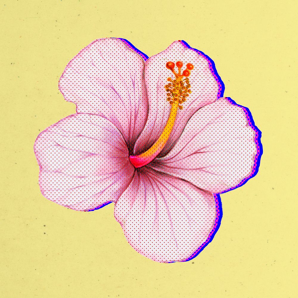 Halftone Hibiscus flower with neon outline sticker