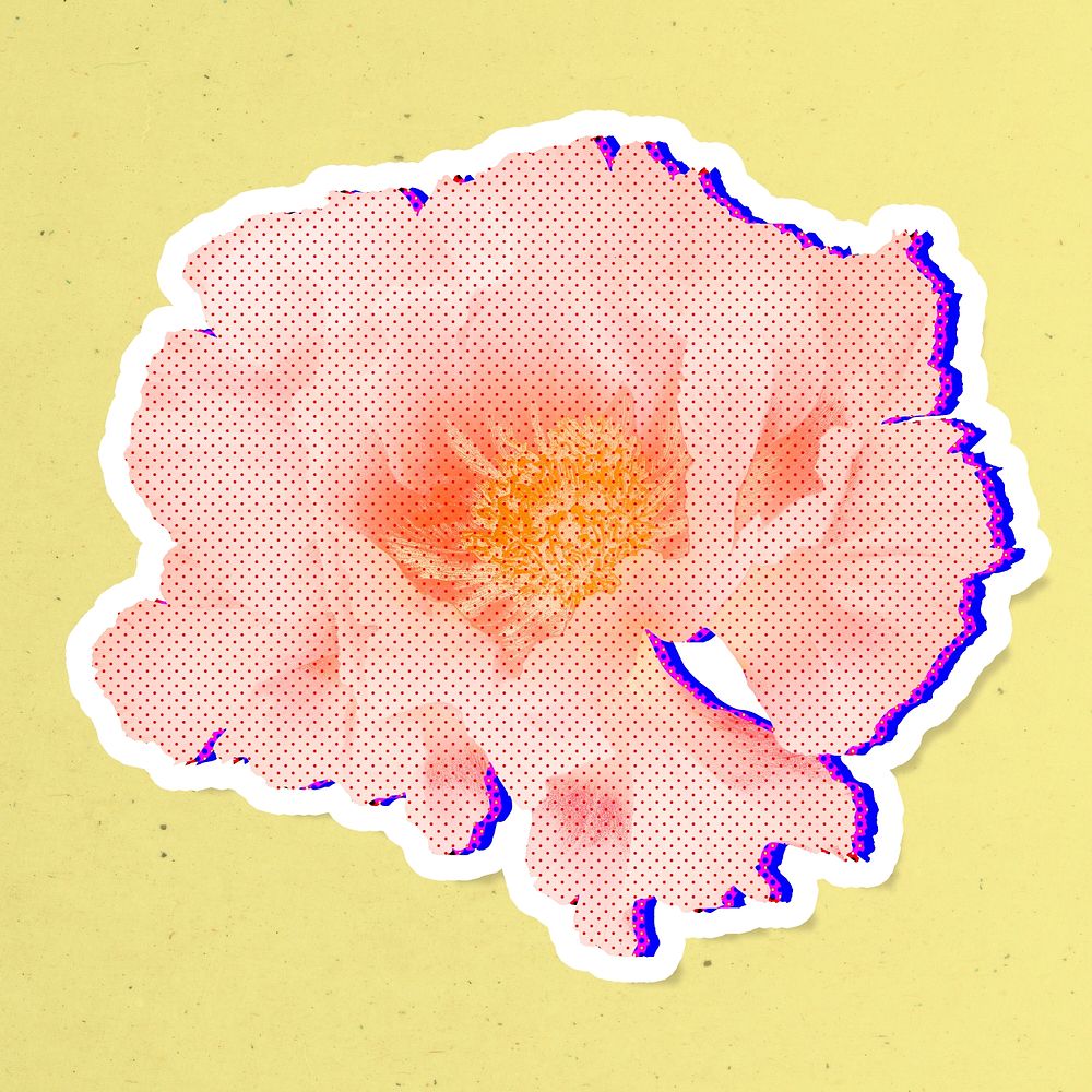 Halftone wild rose flower with neon outline sticker with white border