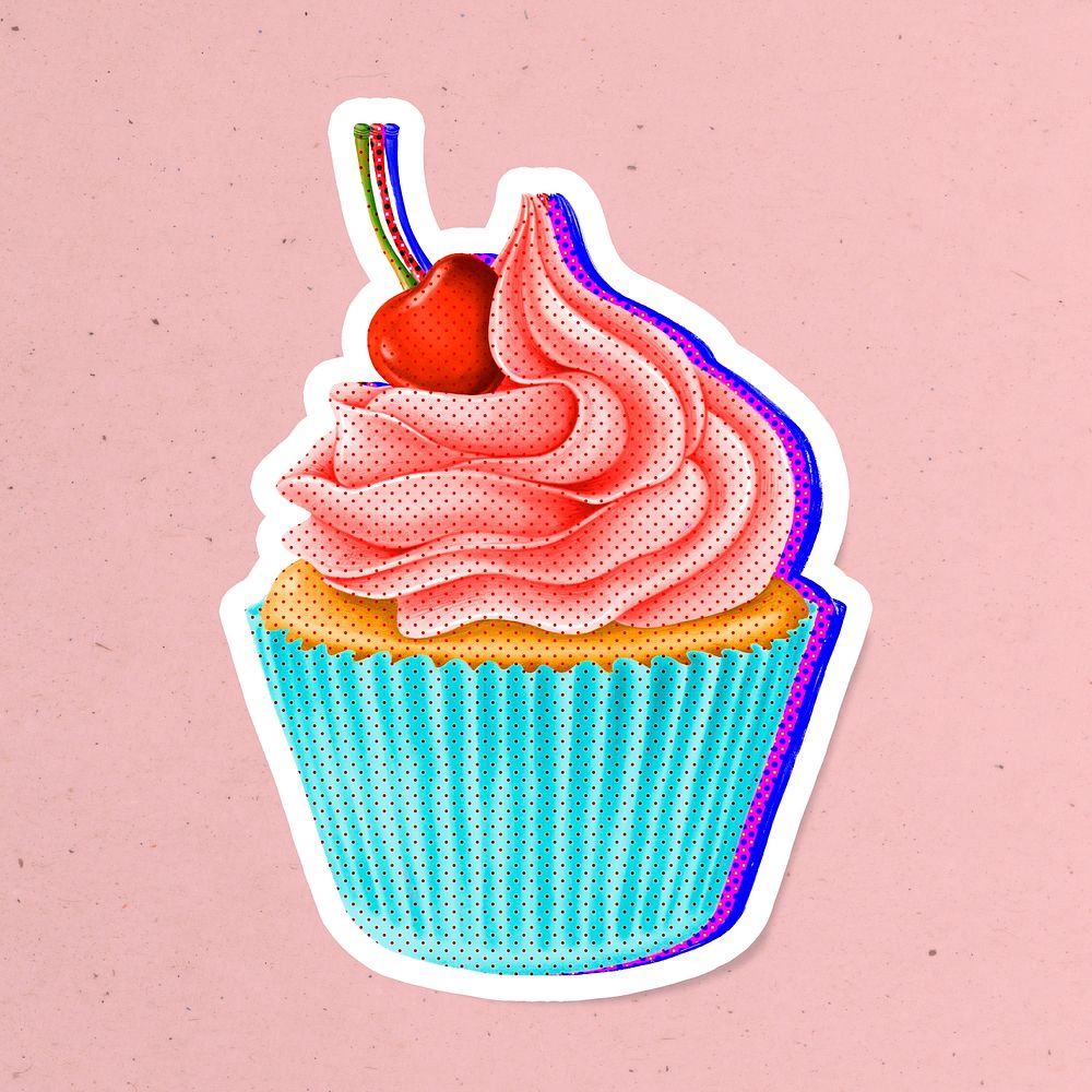Halftone cherry cupcake with neon outline sticker with white border