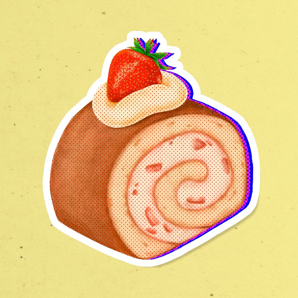 Halftone strawberry shortcake roll with neon outline sticker with white border