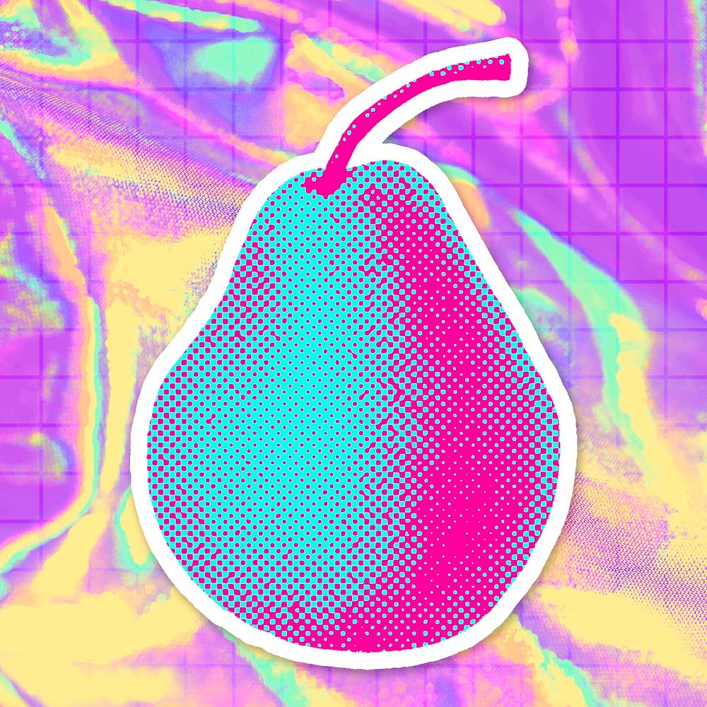 Funky neon halftone fresh pear sticker with white border