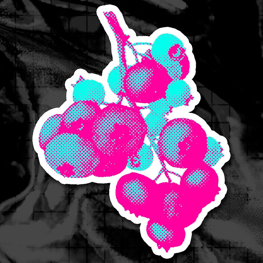 Funky neon halftone blueberry branch sticker with white border