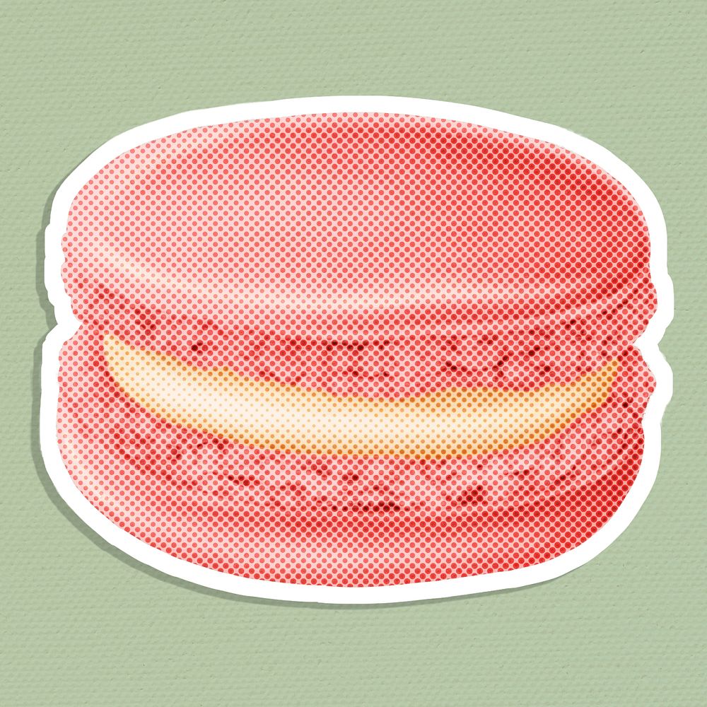 Halftone pink macaron sticker overlay with white border 