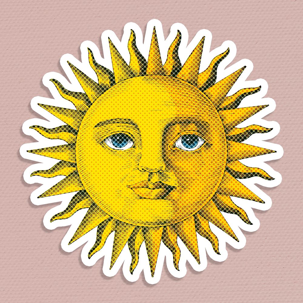 Hand drawn sun with a face halftone style sticker with a white border illustration