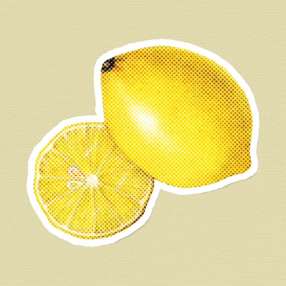 Hand drawn lemon halftone style sticker with a white border illustration