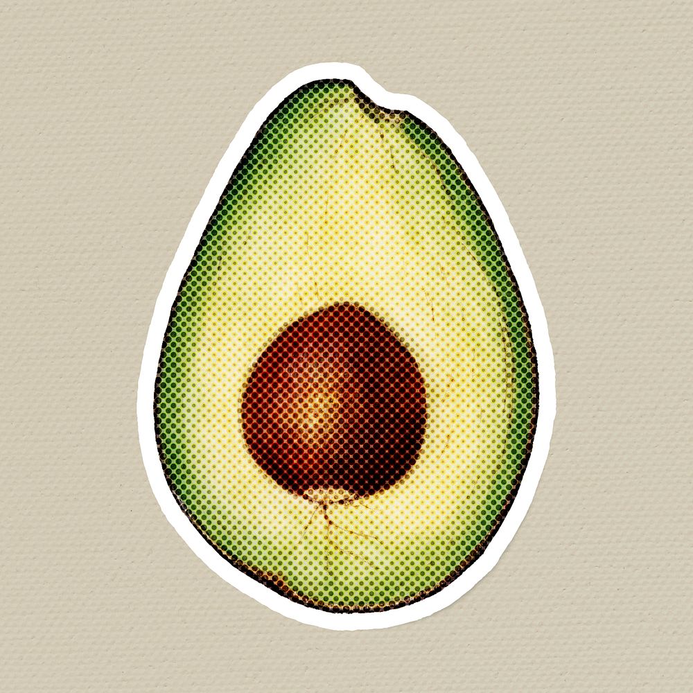 Hand drawn avocado halftone style sticker with a white border illustration