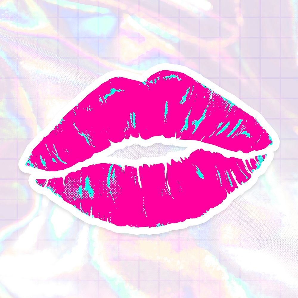 Hand drawn funky kiss halftone style sticker with a white border