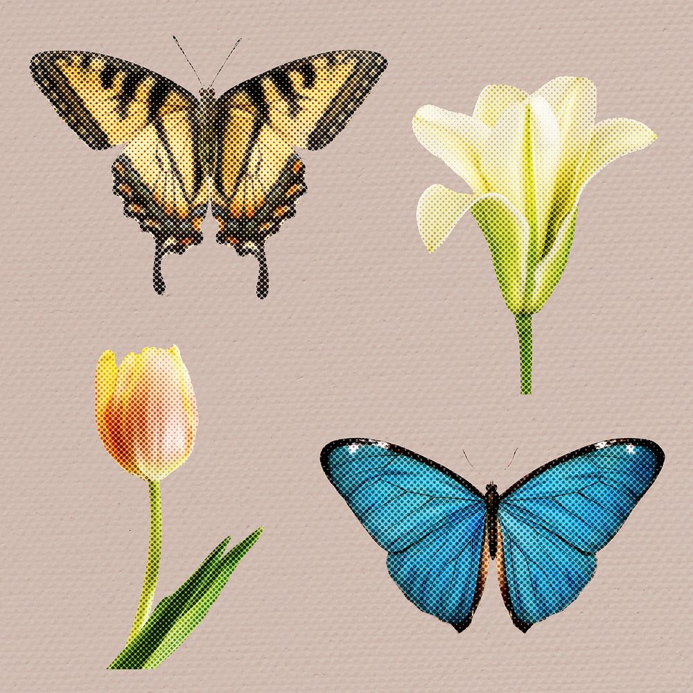 Halftone butterfly and flower sticker set design element