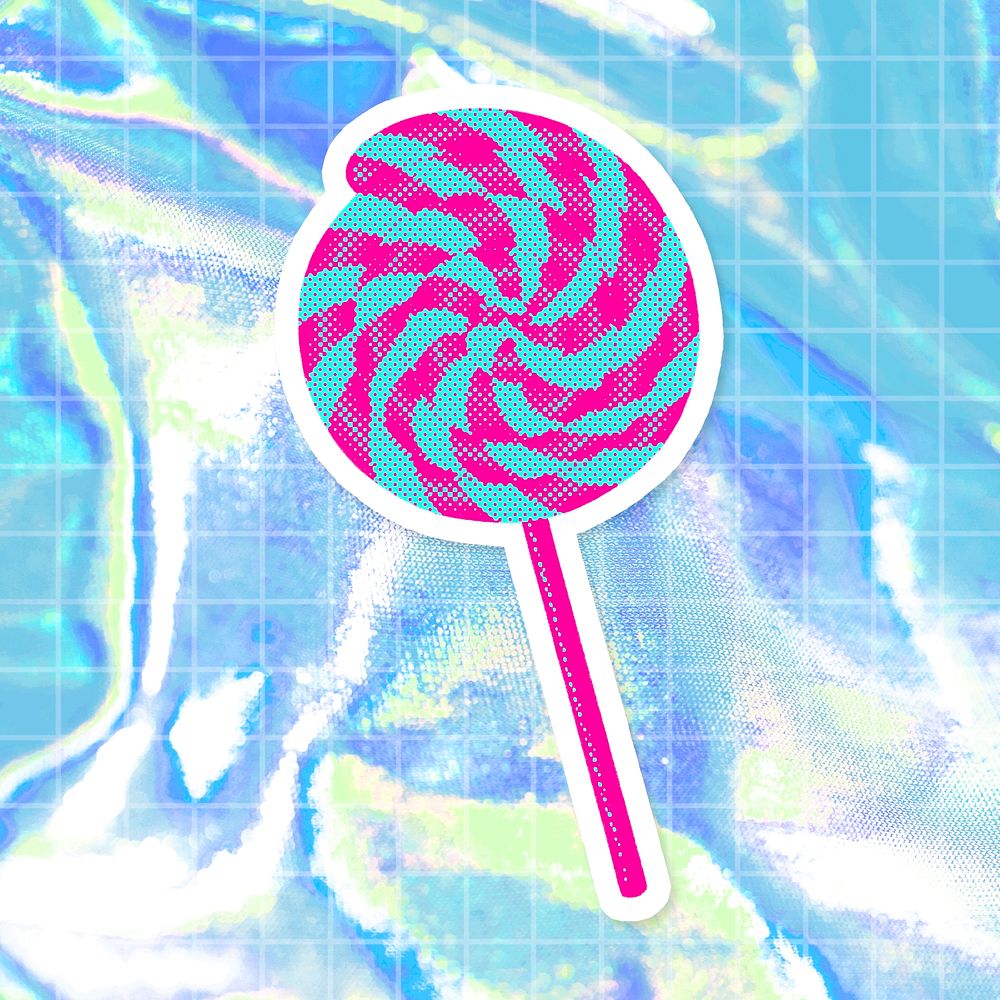 Hand drawn funky swirl lollipop halftone style sticker with a white border