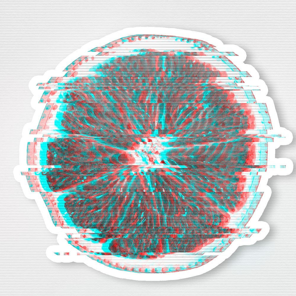 Sliced orange glitch style sticker overlay with a white border