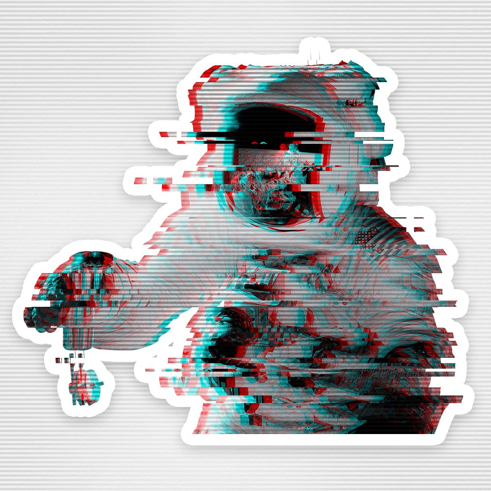 Astronaut in a spacesuit glitch style sticker overlay with a white border