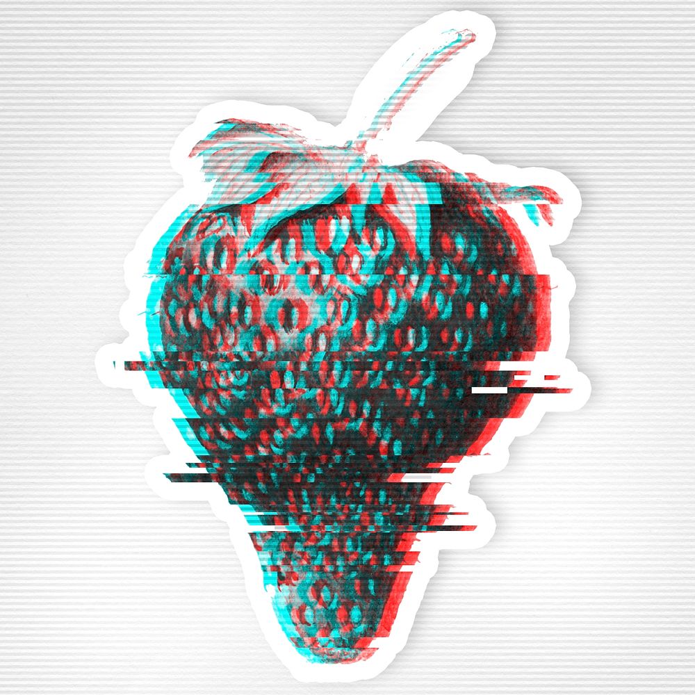 Strawberry glitch style sticker overlay with a white border