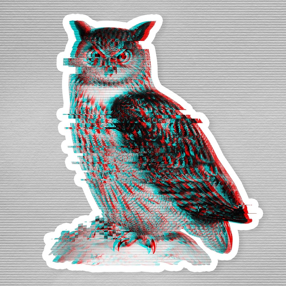 Owl glitch style sticker overlay with a white border