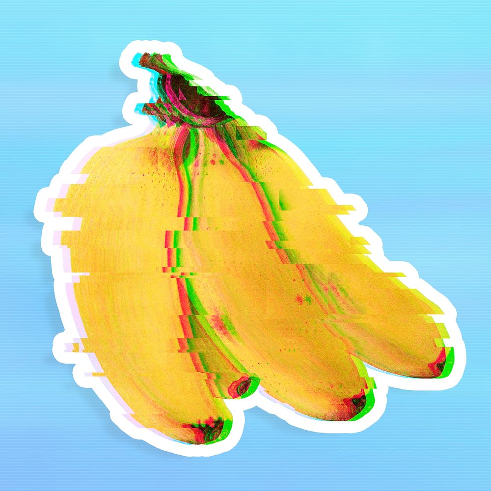 Banana with a glitch effect sticker overlay with a white border