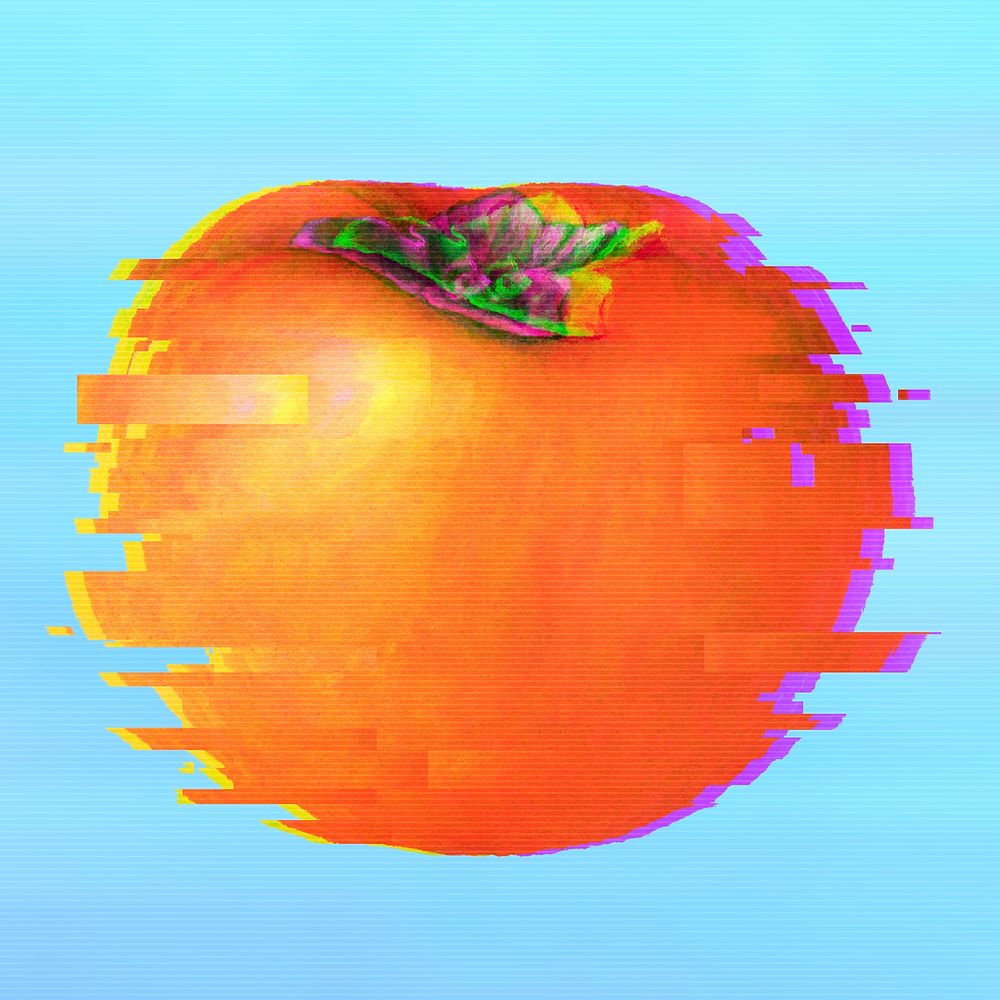 Persimmon with a glitch effect on a blue background 