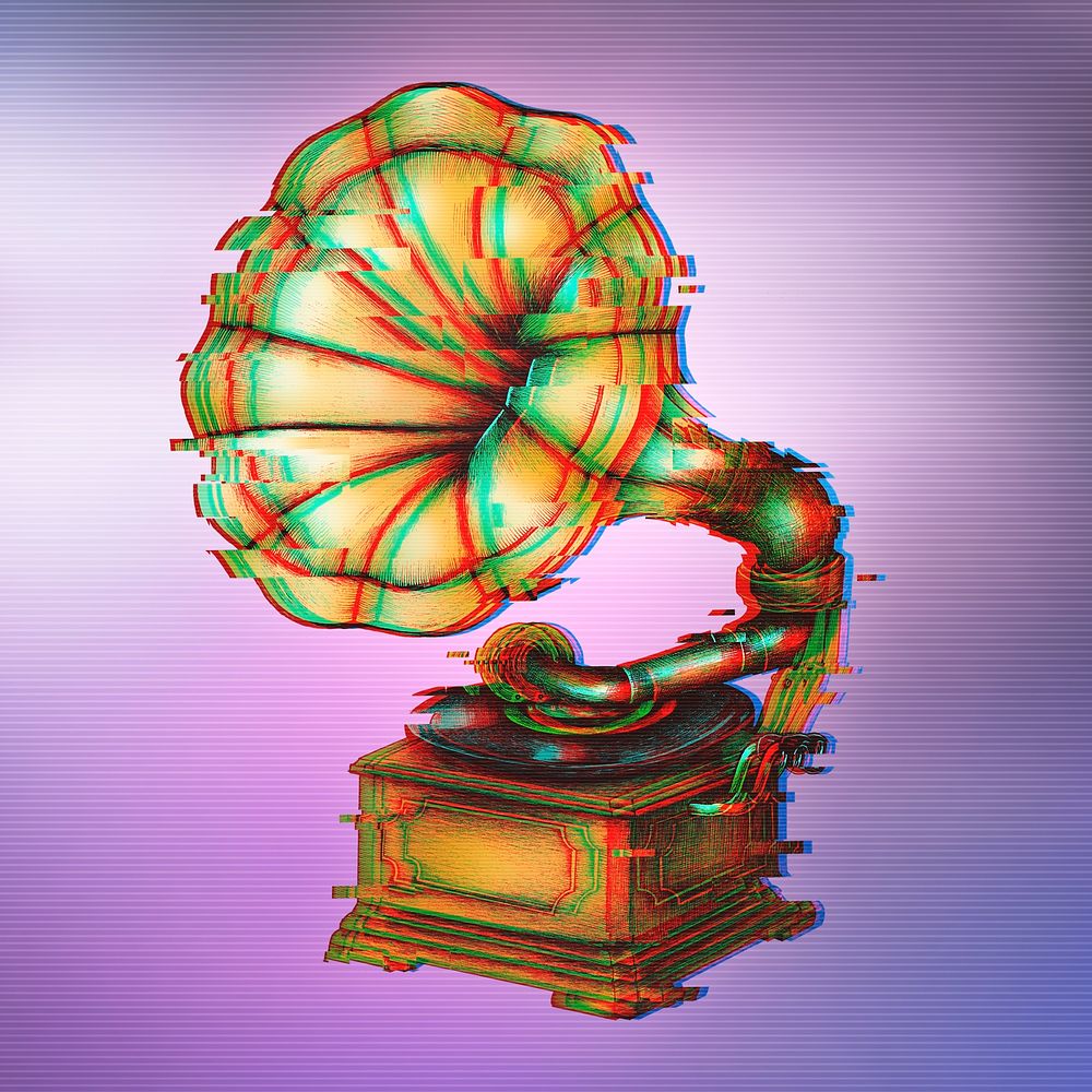 Gramophone with a glitch effect on a purple background