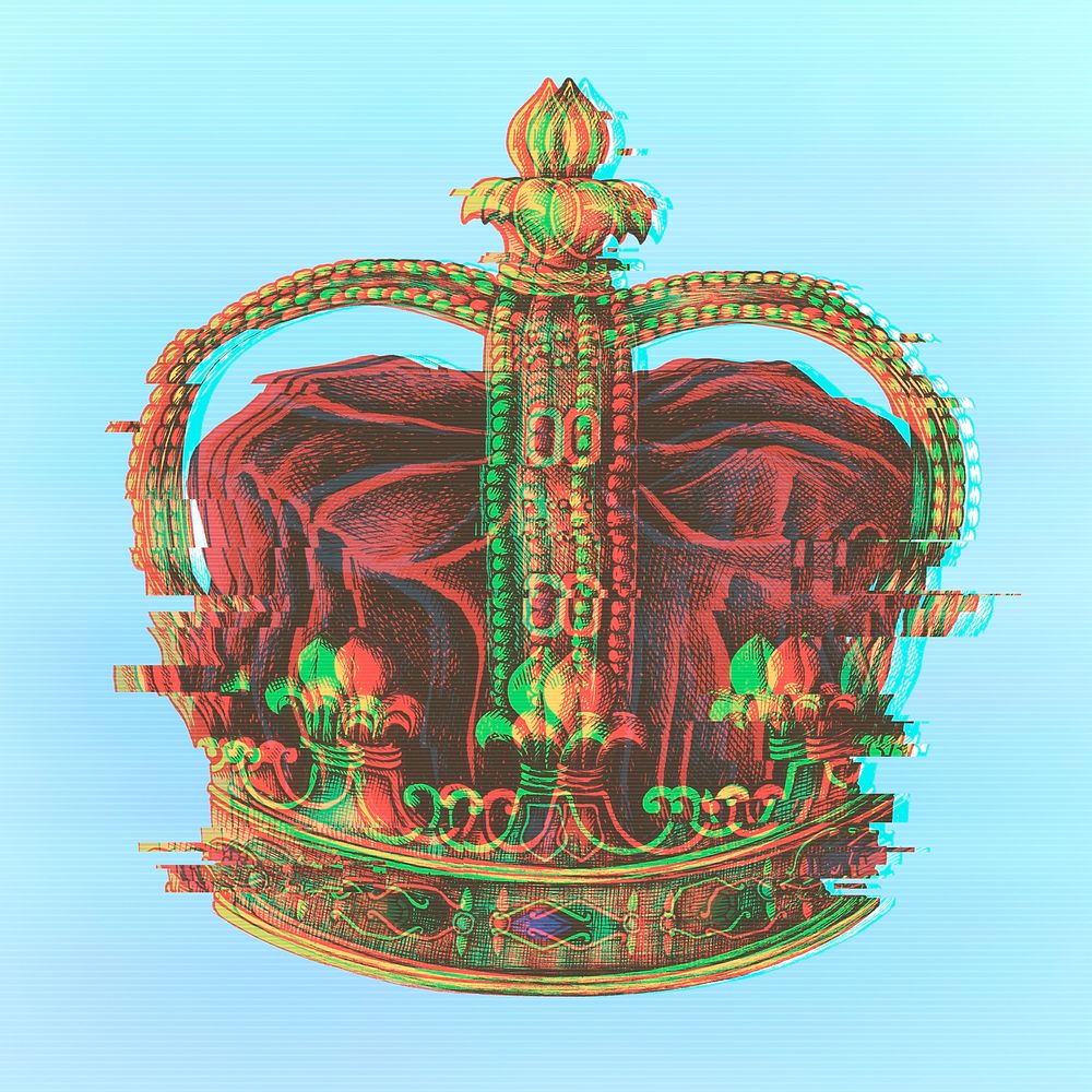 Royal crown with a glitch effect on a blue background 