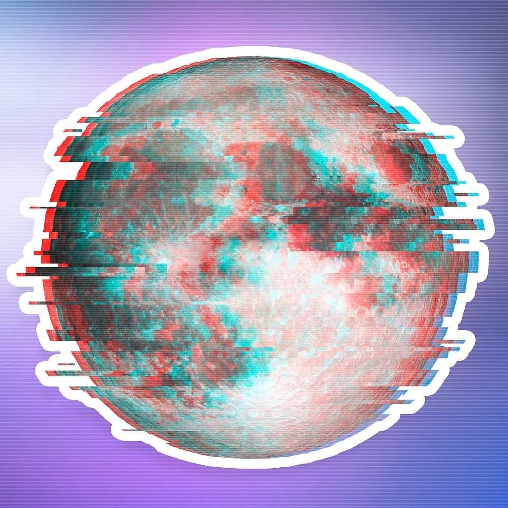 Full moon with a glitch effect sticker overlay with a white border
