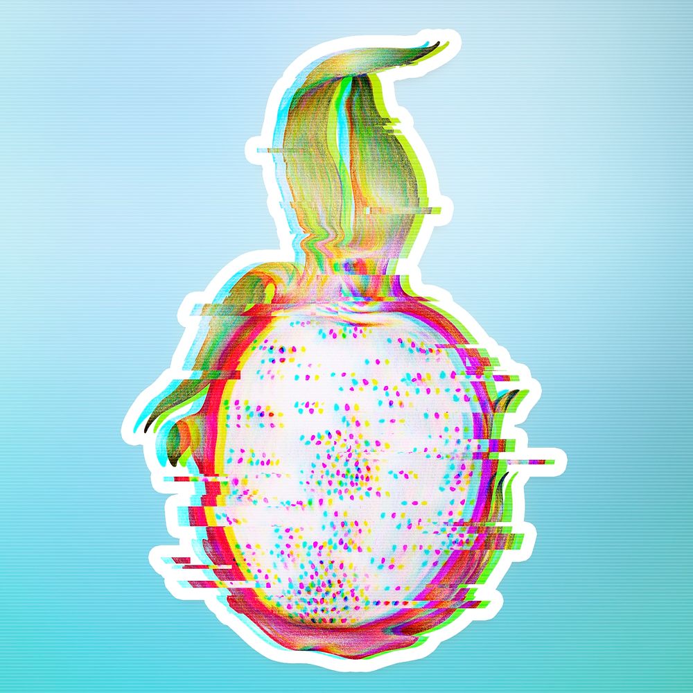 Dragon fruit with a glitch effect sticker overlay with a white border