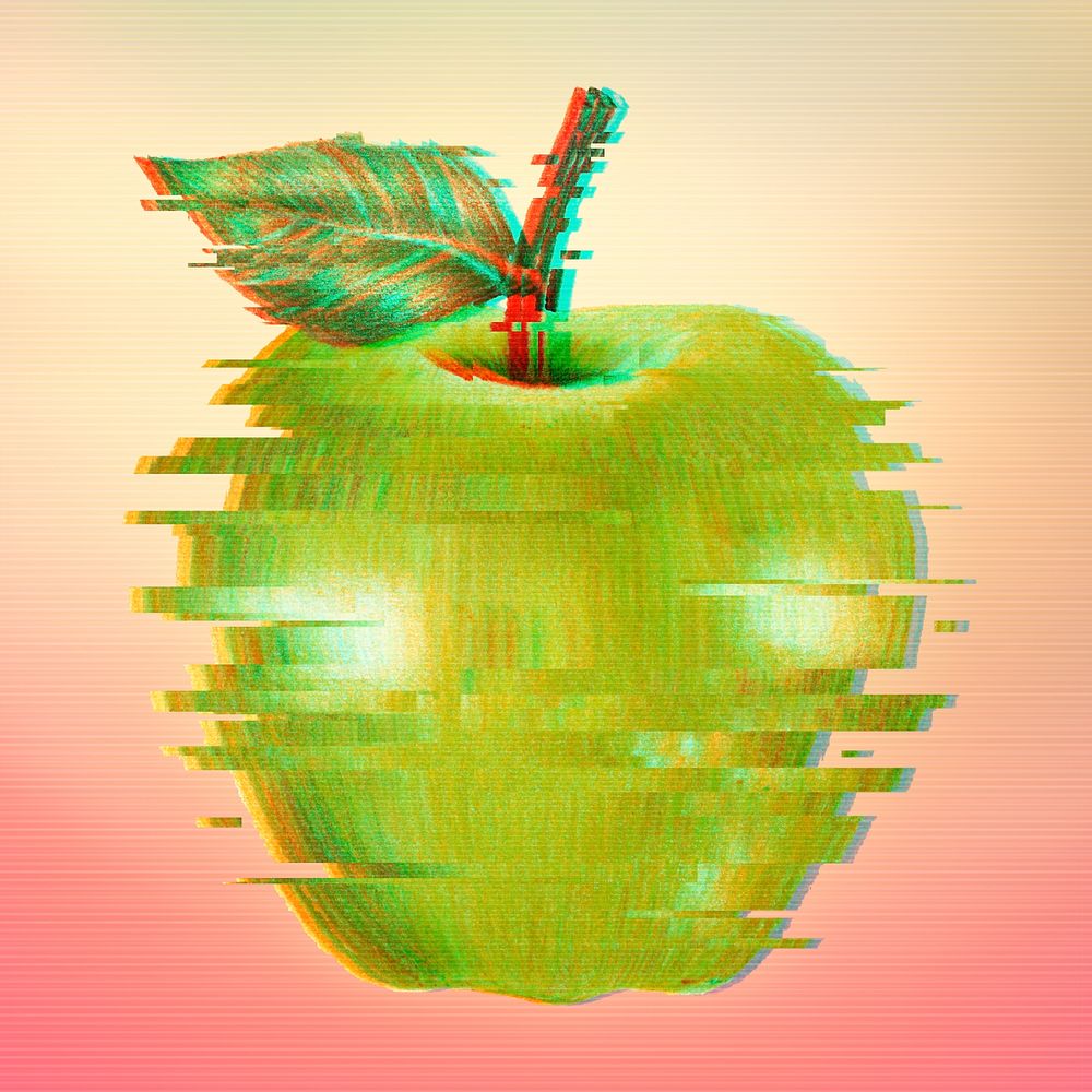 Green apple with a glitch effect on a pink background 
