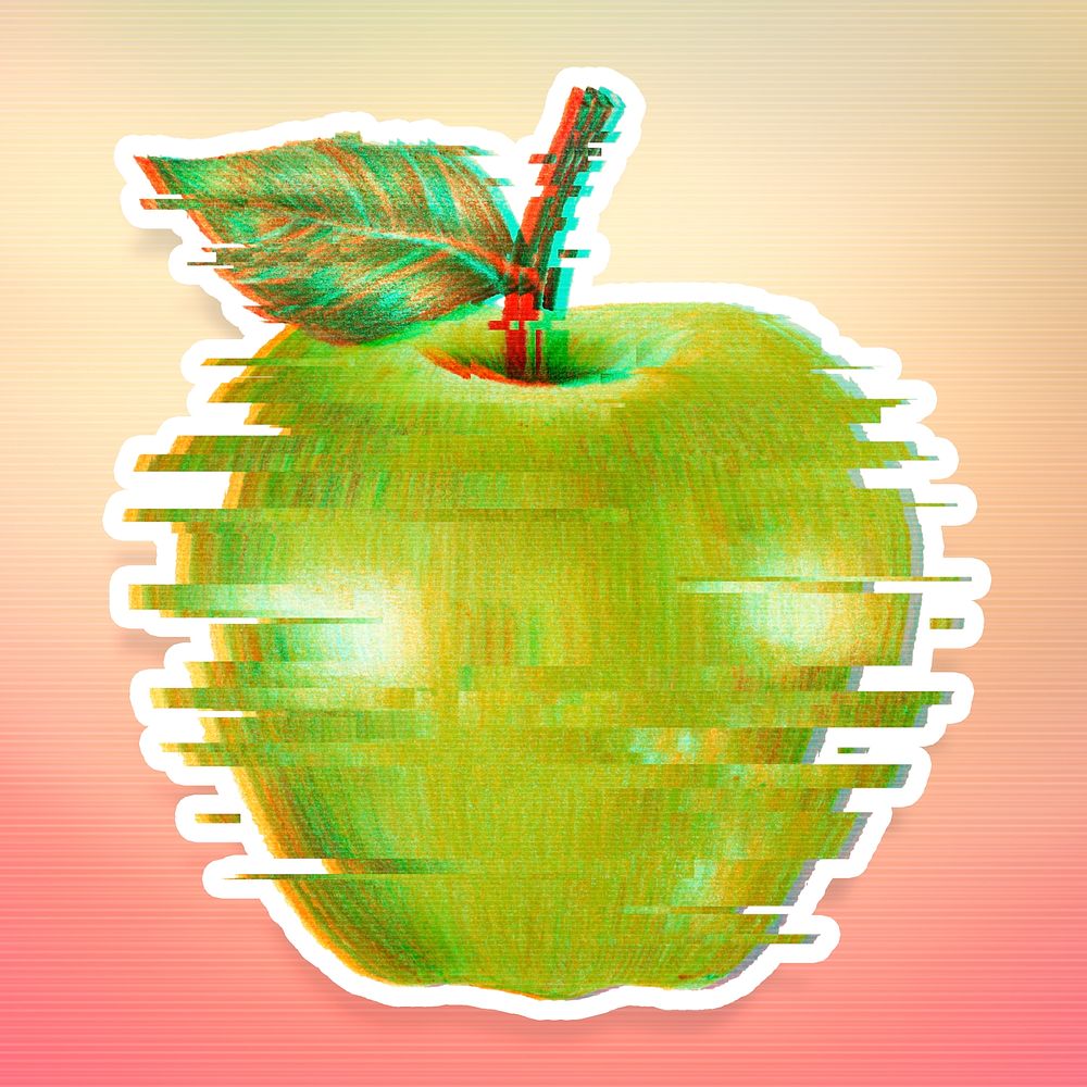 Green apple with a glitch effect sticker overlay with a white border