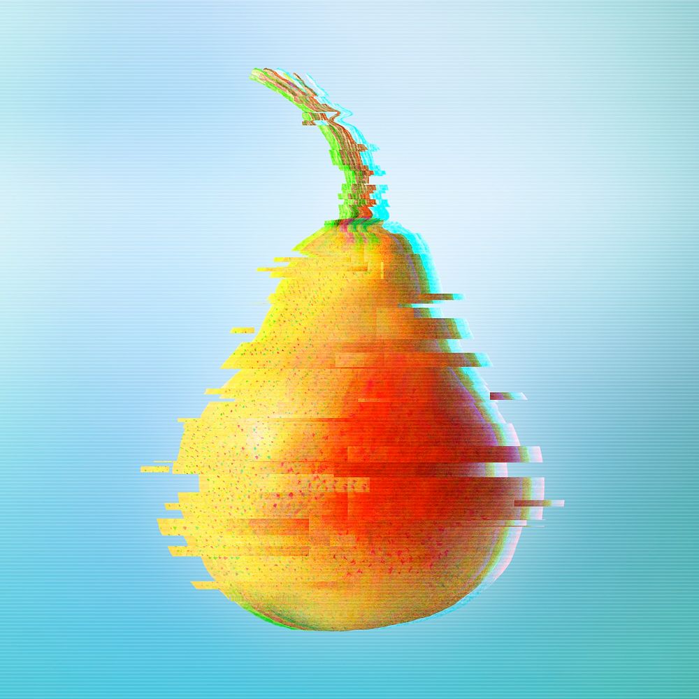Pear with a glitch effect on a blue background 